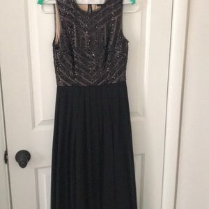 Black formal gown, sequin and nude top